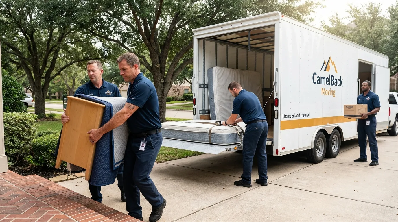 Crew loading residential truck for cross-state move from Milford, IA