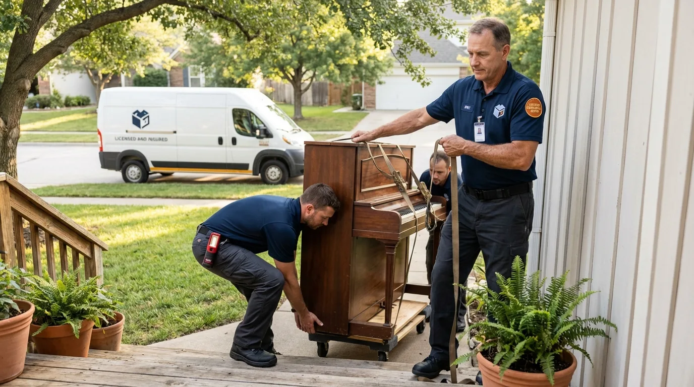 Licensed piano movers securing grand piano in Milford, IA