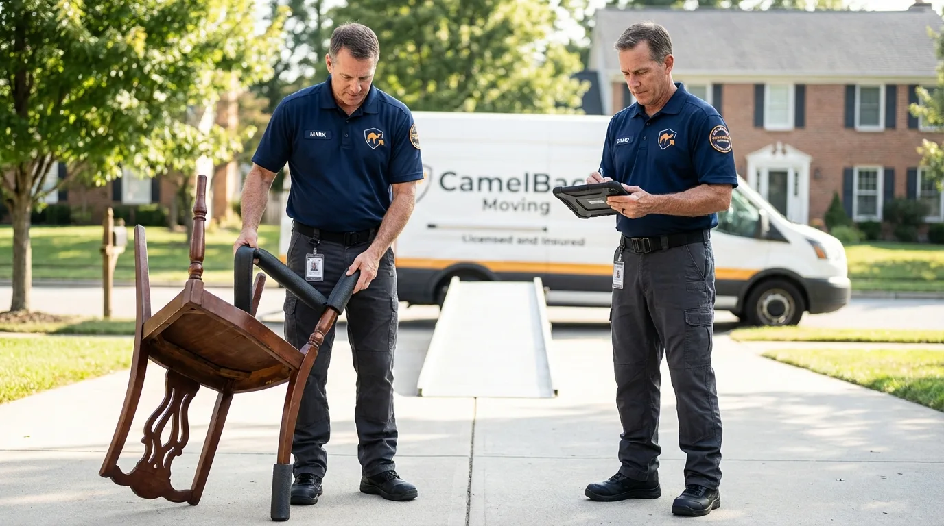 Movers inspecting furniture for damage prevention before loading in Milford, IA