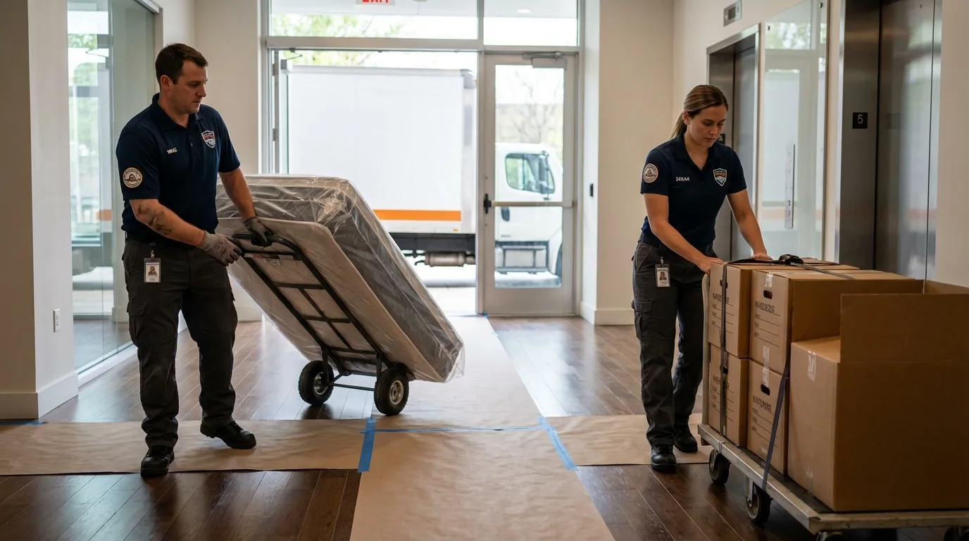 Professional apartment movers loading elevator in Milford, IA